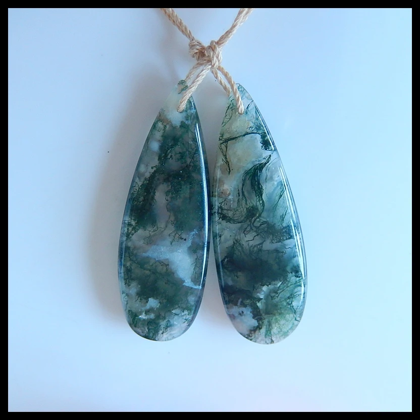 Natural Moss Agate Stone Woman fashion Earring bead sets Semiprecious stones charms jewelry 45x15x6mm 11.7g | Украшения и