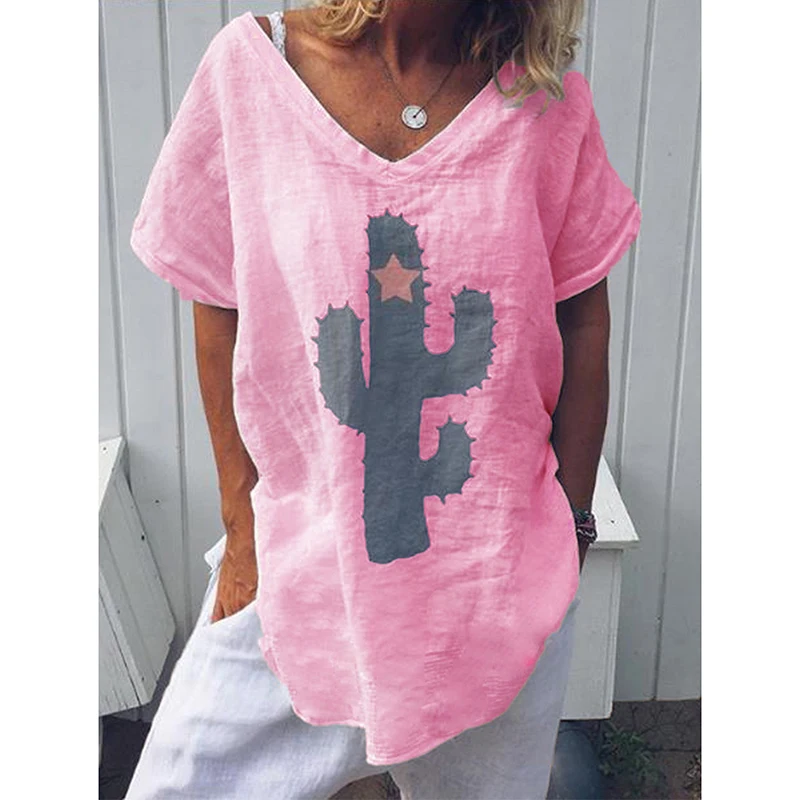 Summer Hot Popular Womens Casual Plant Printing Cotton Linen V Neck Blouse Ladies Baggy Short Sleeve Tops 2019 | Женская одежда
