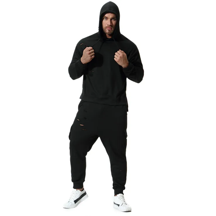 Europe and America Sweatshirts Suit Men New Autumn Personality Hole Casual Hoodies Male Black Sportswear Hooded Hoodies Sets