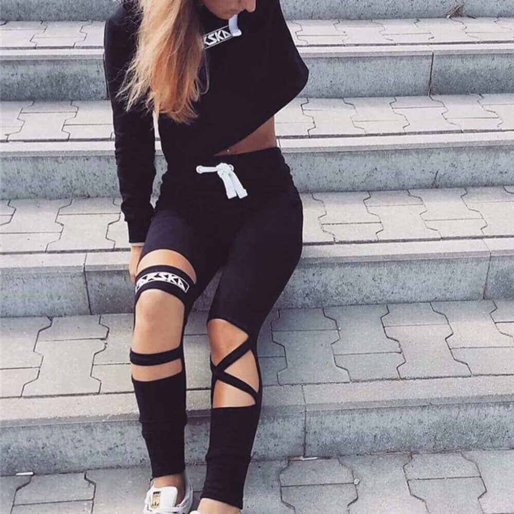 2017 Женский комплект 2 шт. черный короткий топ и штаны спортивный костюм