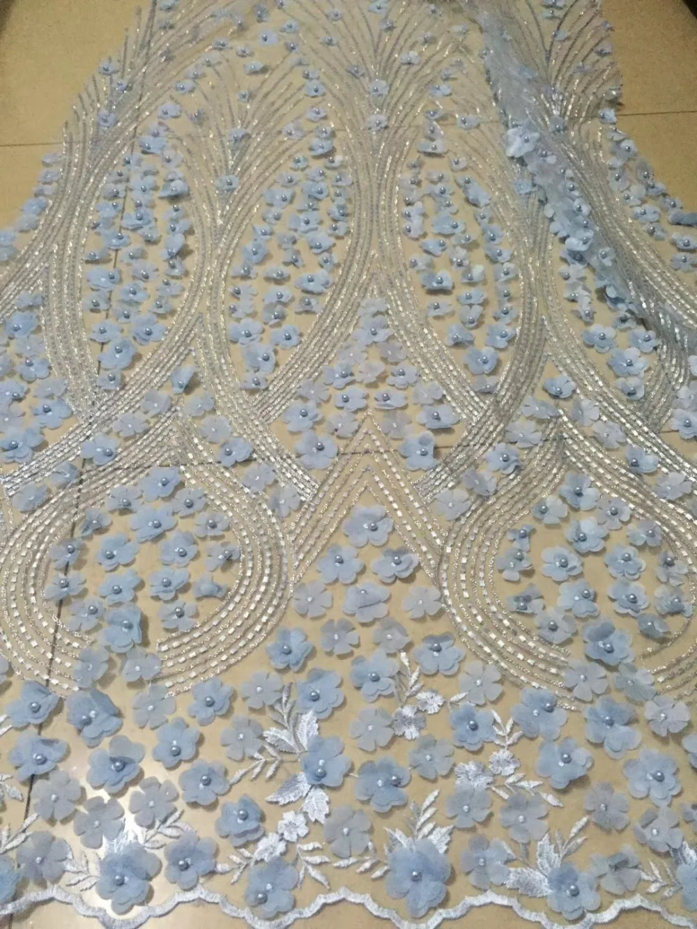 

2018 Latest Fashion African Lace Fabric Handmade Of Beaded And 3D Blue Flowers High Quality African French Lace Fabrics Wedding
