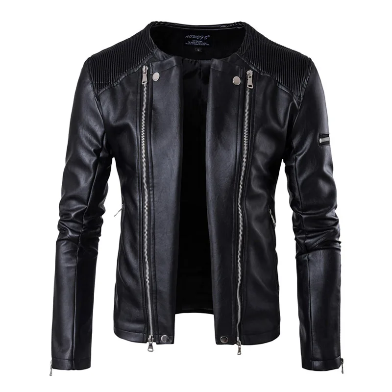 Мотоцикл кожаные куртки для мужчин осень зима Стенд воротник Slim Fit Multi застёжки молнии Байкер PU кожа мужская кожаная куртка и пальто 5XL