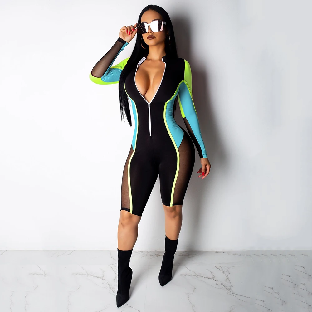 Женский обтягивающий комбинезон из сетчатого материала на молнии прозрачный до