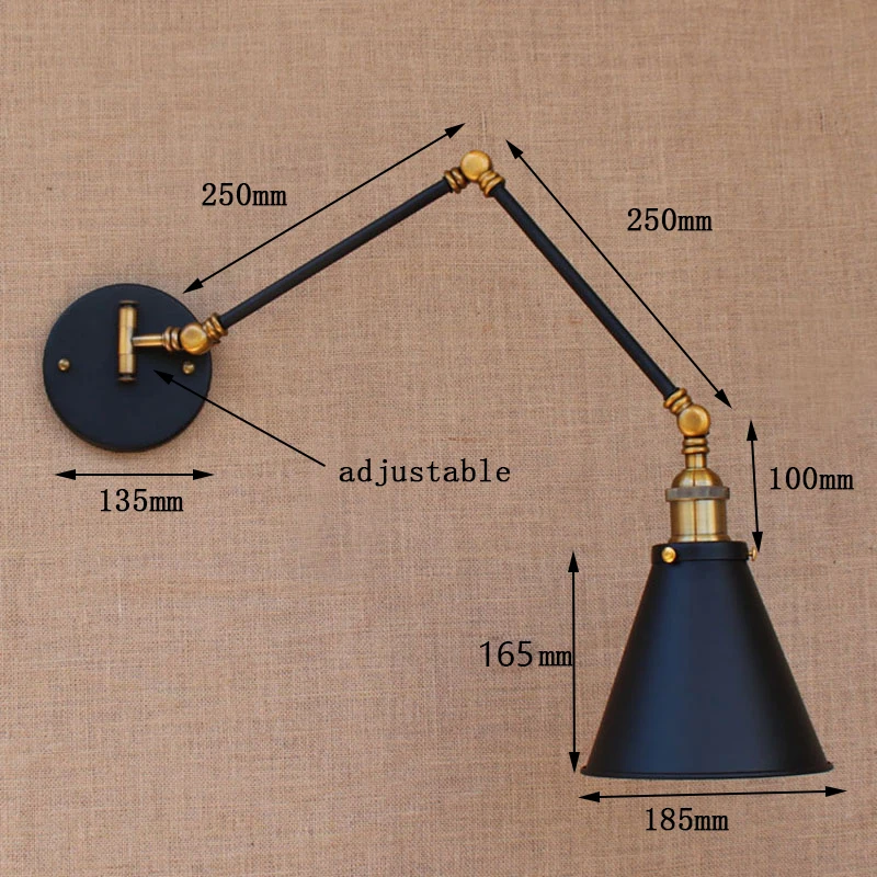 Ретро Античный Черный Регулируемая длинная голова с кулисой старинные бра E27
