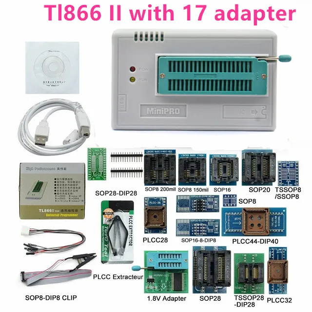 TL866II 17adapter V8.51 TL866II плюс универсальный Minipro программатор+ 28 адаптеров+ тестовый зажим TL866 PIC биос высокоскоростной программатор - Цвет: TL866II 17adapter