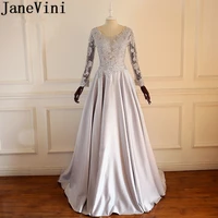 janevini arabic godmother long sleeve evening dress elegant mother of the bride dresses 2018 beaded silver gray lace formal wear