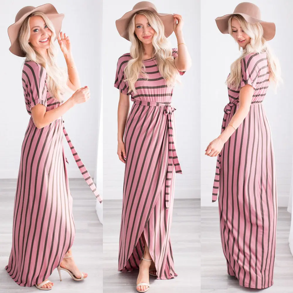 Модные повседневные женские платья Макси Boho в полоску летнее пляжное длинное