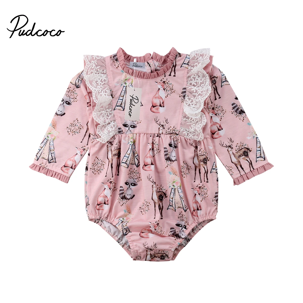 2018 Brand New 0-24M Newborn Toddler Baby Girl Lace Bodysuits Long Sleeve Cartoon Animal Ruched Jumpsuits Deer Playsuit |