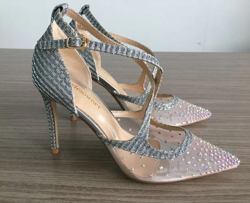 Stylesowner новые свадебные туфли серебристого цвета с поперечным Ремешком с сияющими блестками туфли-лодочки на шпильке Стразы сетчатые прозрачные босоножки; большой размер