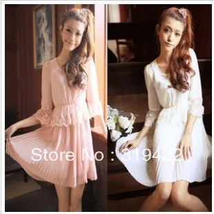 Hot!!! Neckline beaded pleated hem lace stitching in the round collar sleeve dress kawaii princess | Женская одежда