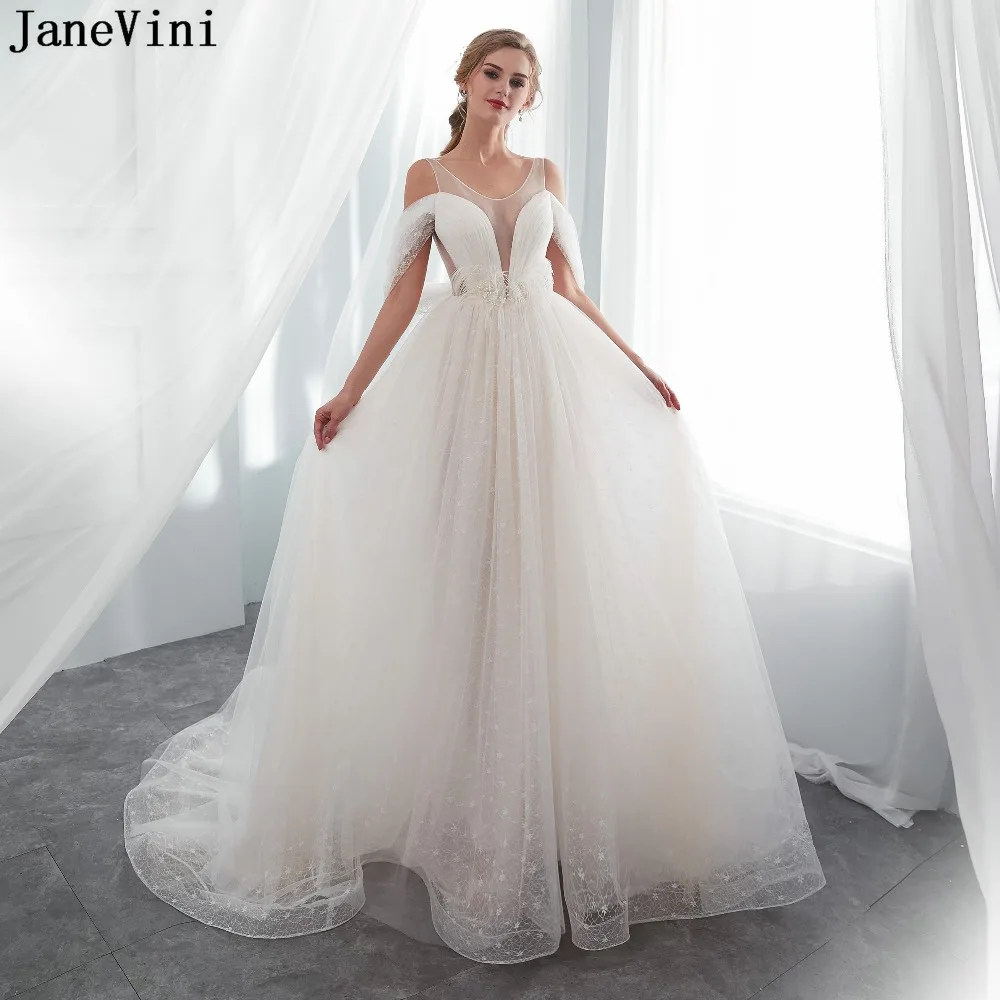 

JaneVini Elegant Ivory Long Bridesmaid Dresses A Line Sheer Scoop Neck Pearls Backless Lace Women Formal Prom Gowns Court Train