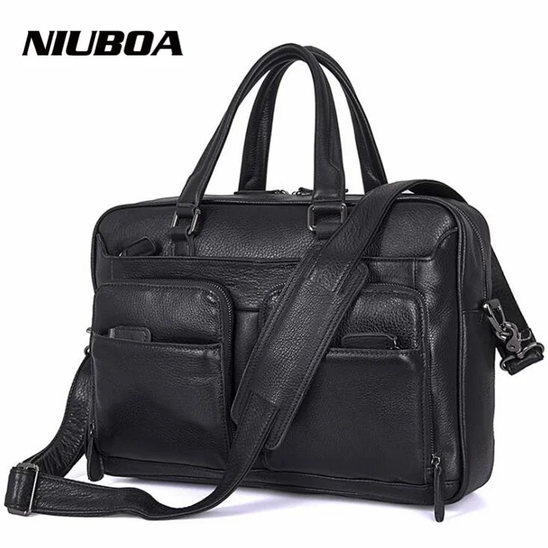 NIUBOA мужской повседневный портфель из 100% натуральной кожи черный деловой на плечо
