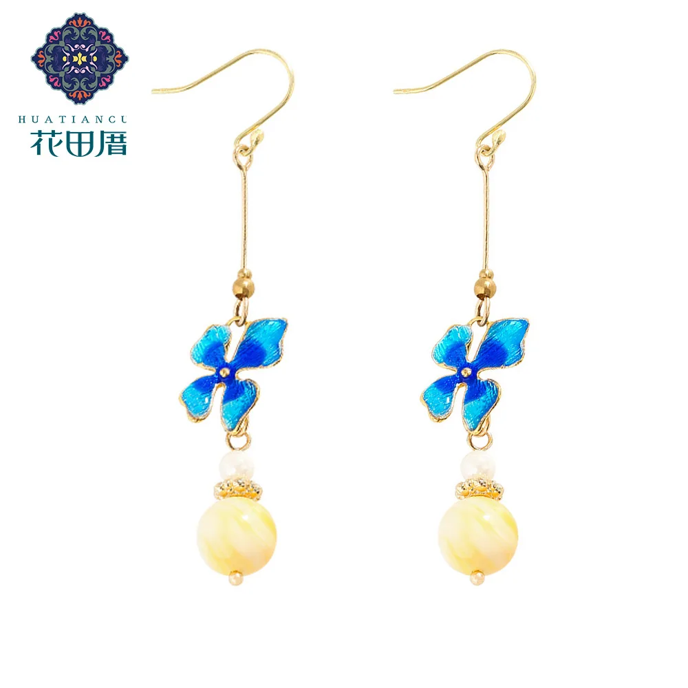 

Bohemia Blue Oil Drop Flower Asymmetric Tassel Long Dangle Earrings for Women Golden Pearl Dangle Long Earring EZ-180007