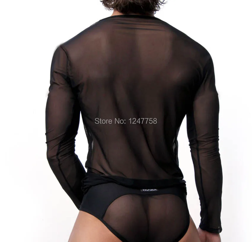 Мужская сетчатая рубашка с длинным рукавом облегающая прозрачная круглым