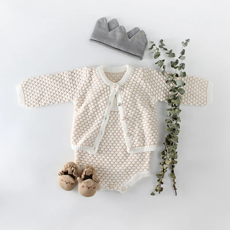 

New Arrivals Baby Girl Set Clothes Spring 2021 Fashion Long Sleeve Knitted Coat + Bodysuit Newborn Sweater 2pcs Set for Infants