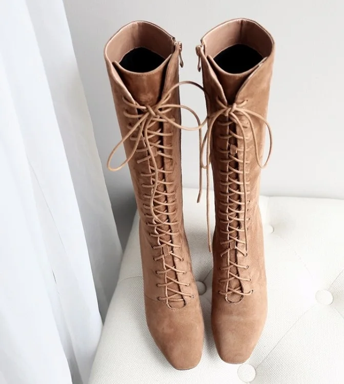 

Женские сапоги на шнуровке, однотонные коричневые сапоги до колена, на молнии, с квадратным носком, на высоком блочном каблуке, элегантная о...