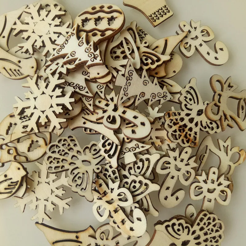 

50PC Cartoon Christmas Snowflakes Tree Colored Balls Angel Mixed Wood Chips Christmas DIY Decorative Toys