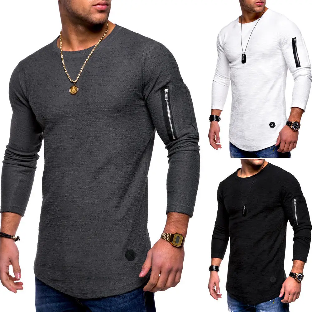 Male 2018 Brand Long Sleeve Solid Color T Shirt O-Neck Zipper Splicing Slim Men T-Shirt Tops Fashion Mens Tee Shirts | Мужская одежда