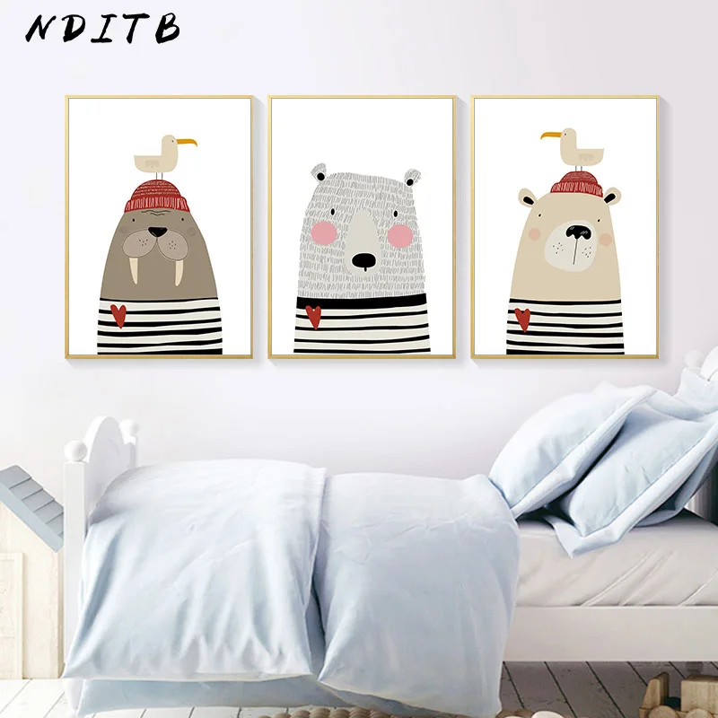 Nursery Canvas Poster Cartoon Animal Print Seal Bear Wall Art Painting Nordic Kids Decoration Picture Baby Bedroom Decor | Дом и сад