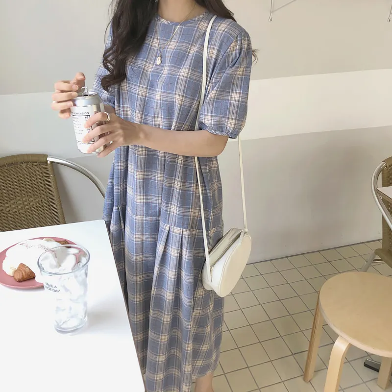 Women Summer Long Plaid Straight Dress Vestidos High Waist Blue Casual Maxi Robe Femme Loose Sukienki Sommerkleid Jurken
