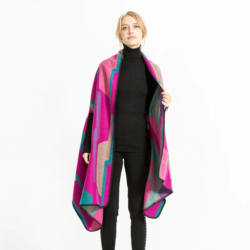 2018 акрил Для женщин теплые пончо Элитный бренд полоса отверстие большие шарфы