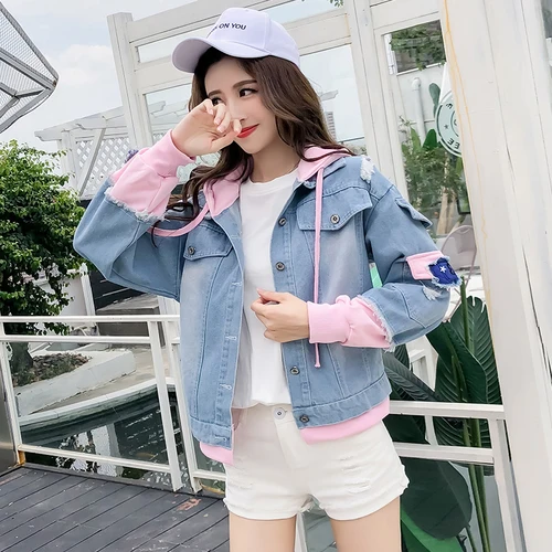 Куртка женская джинсовая в Корейском стиле свободная повседневная с капюшоном и