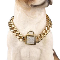 12 32 fashion stainless steel silver colorgold cuban curb link training choke chain pet dog collar with crystal lock clasp