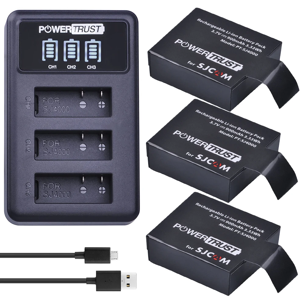 PowerTrust 3x SJ4000 батарея + LED 3 слота USB зарядное устройство для SJCAM sj4000 sj 4000 SJ5000 6000 7000 8000