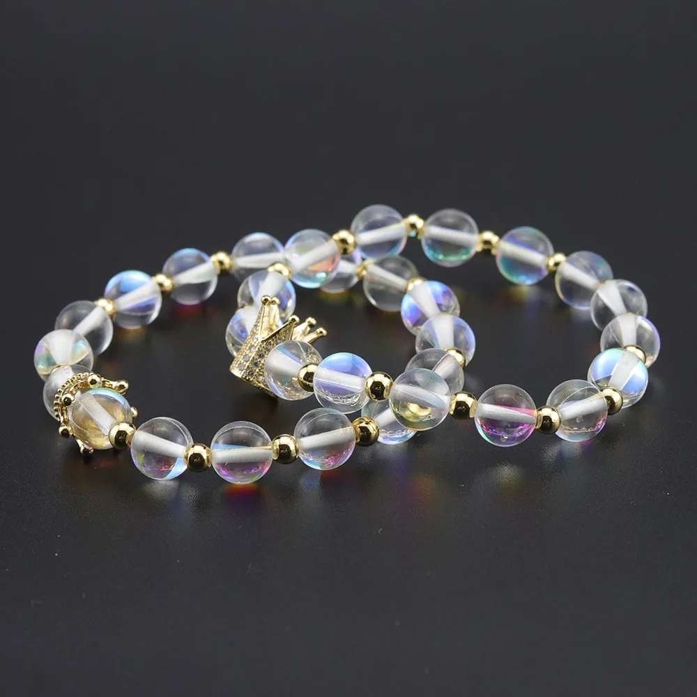 King Queen CZ crown women bracelets stone beads White Crystal Moonstone Bracelets &amp Bangle for jewelry accessories | Украшения и