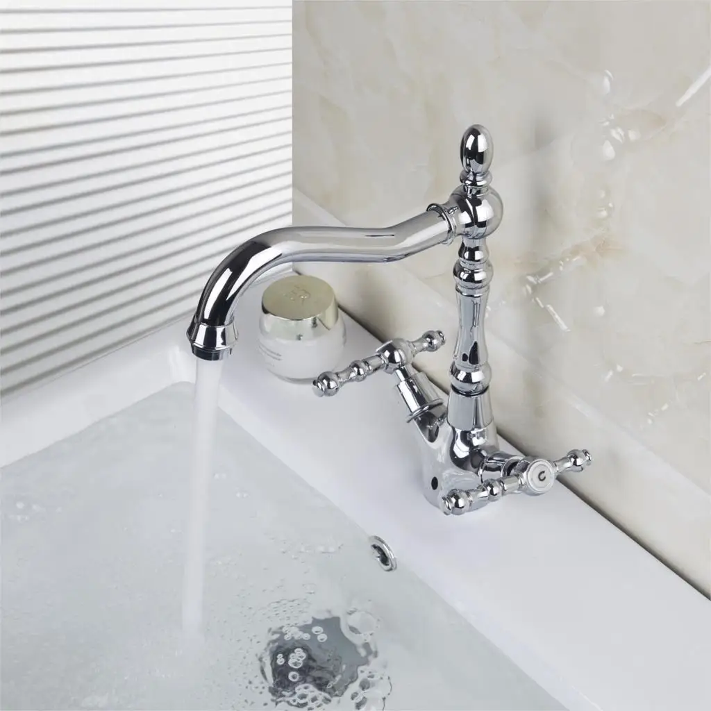 Кухонный кран с двойной ручкой OUBONI хромированный латунный поворотный на 360