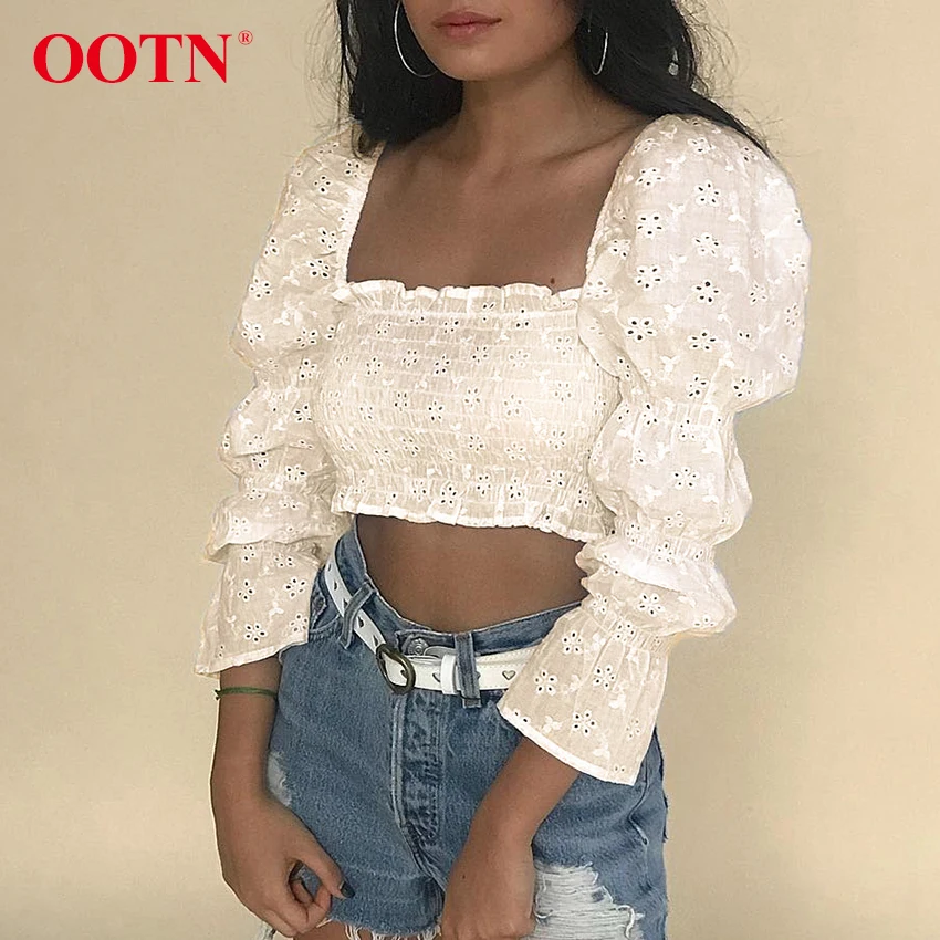 OOTN Puff с длинным рукавом белая туника блузка для женщин ушко топы вышивкой рубашки