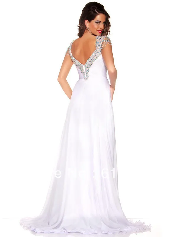 2013 New Arrival Discounted Cap Sleeves V Neck Beads and Sequins White Evening Gowns Long Prom Dresses 42579P | Свадьбы и торжества