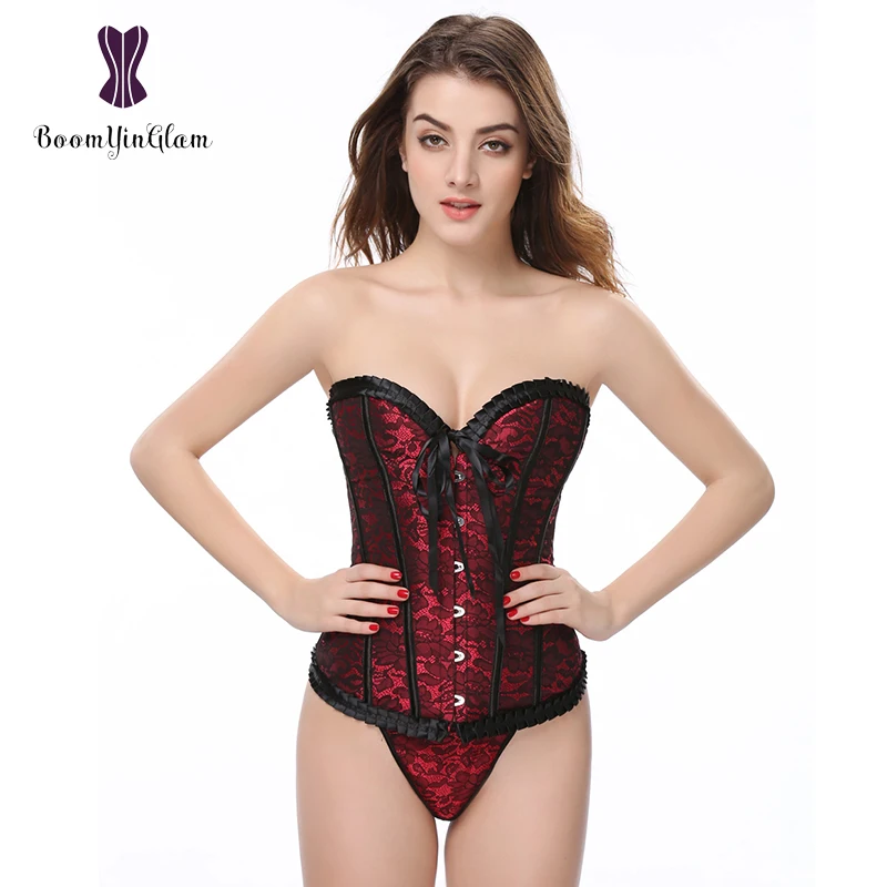 

Wholesale High quality lavender/red ruffled top body shaper victorican pleated women bustier shapewear corset with g string 898#