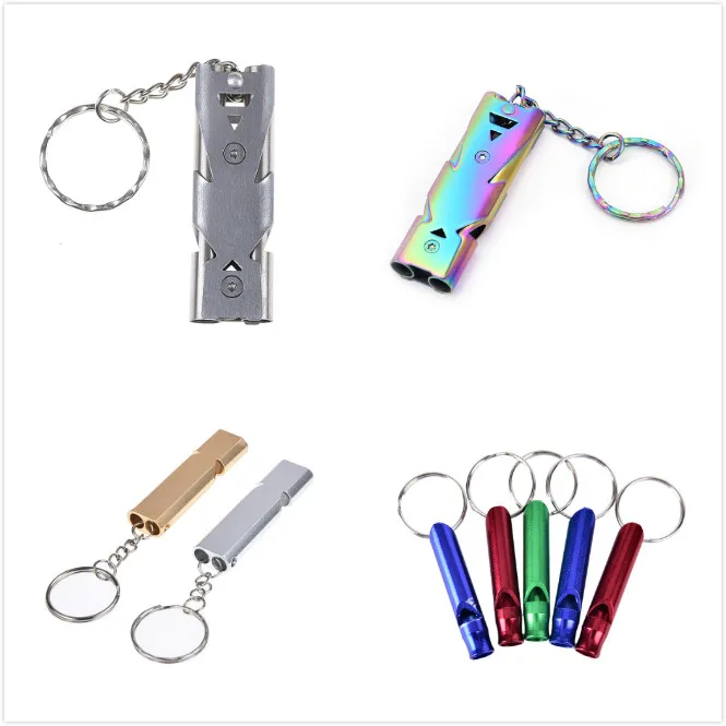 

Double Pipe High Decibel Stainless Steel Outdoor Emergency Survival Whistle Keychain Cheerleading Whistle Multifunction Tool
