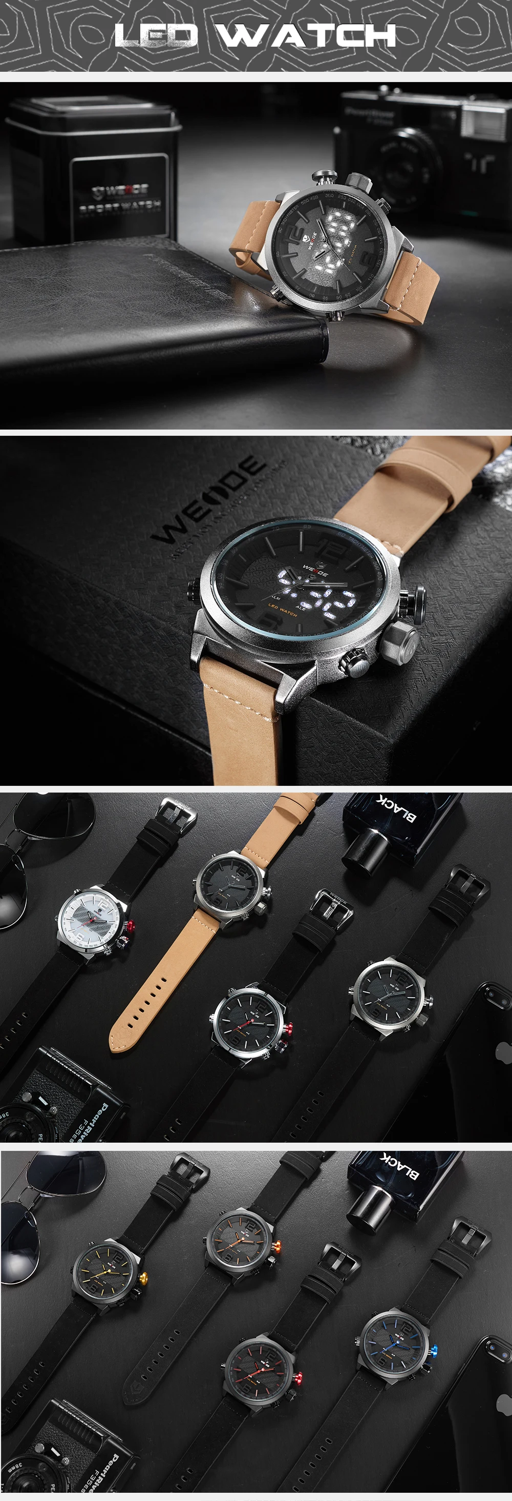 WEIDE мужские спортивные брендовые цифровые авто часы с будильником, кожаный ремешок, задний светильник, кварцевые часы с несколькими часовыми поясами, наручные часы, мужские часы