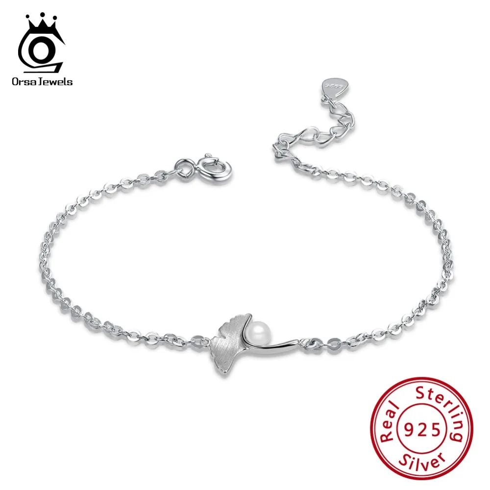 ORSA JEWELS Аутентичные 925 серебряные браслеты для женщин гинкго билоба и жемчужный узор серебряный цвет женские ювелирные изделия для вечеринки SB39