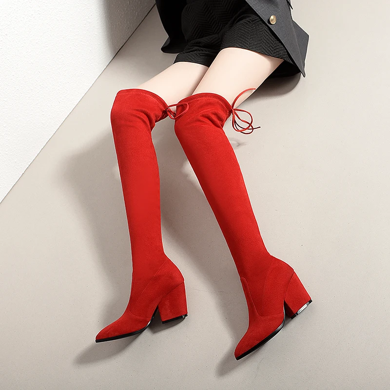 Женские Эластичные ботфорты с кружевом на Высоком толстом каблуке | Обувь