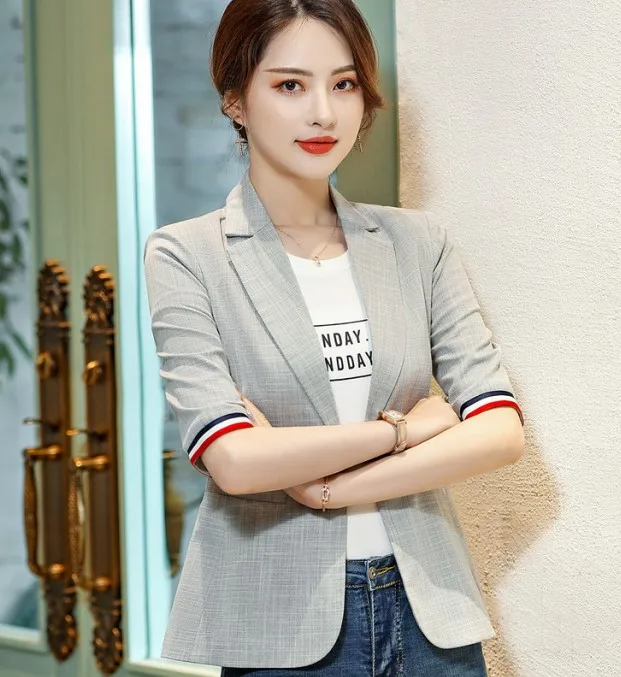 Light Gray blazer Серый Женский блейзер Весна Лето Новая мода тонкий повседневный Дикий клетчатый Профессиональный пиджак офисный женский пиджак размера плюс - Цвет: Light Gray blazer