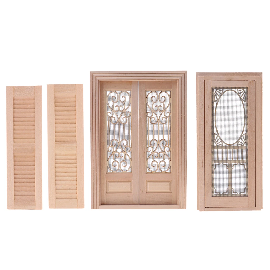 Деревянный миниатюрный наружный полый экран двойная дверь + одна жалюзи 1/12