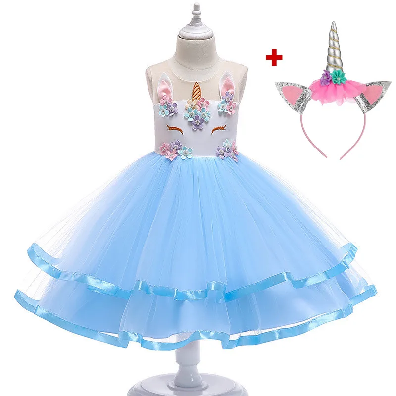D0042 blue 2pcs Необычные дети Единорог Платье с фатиновой юбкой для обувь девочек вышитая бальное платье Детские платья принцессы в цветочек Свадебная вечерин - Цвет: D0042 blue 2pcs