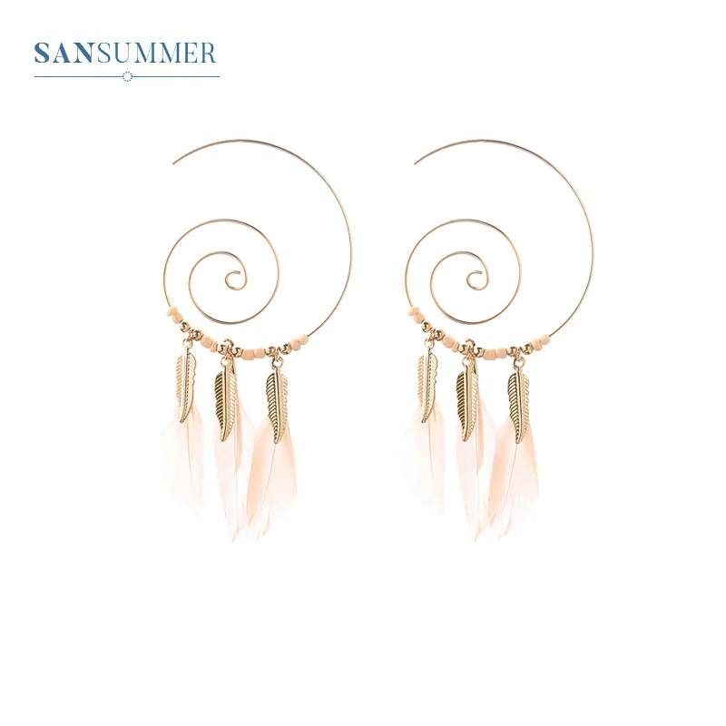 758 Sansummer новые модные большие круглые листья розовые перья Boho Feautiful массивные элегантные трендовые серьги для женщин ювелирные изделия - Окраска металла: 758