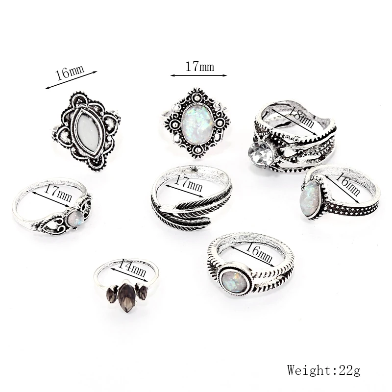 8pcs/sets Knuckle Rings Silver Color Finger Sets Natural Stone Opal Bohemian Style Fashion Jewelry For Women New2019 | Украшения и