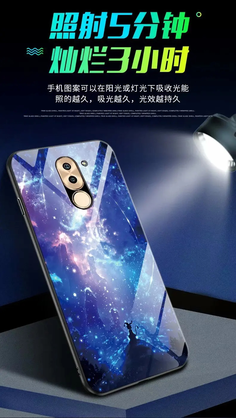For Huawei Honor 6X Case Luxury Luminous Pattern Hard Tempered Glass Protective Back Cover for huawei honor6X phone shell |