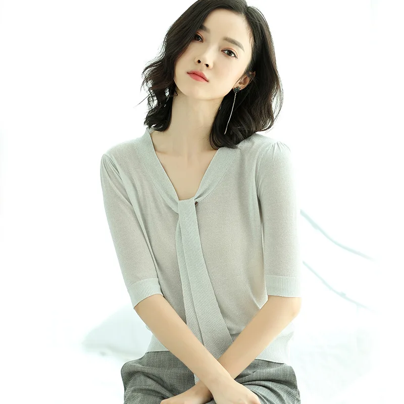 Suvance Fashion Knitted Office Lady Bow Collar Pullover Patchwork Half Sleeve V Neck Thin Sweater | Женская одежда