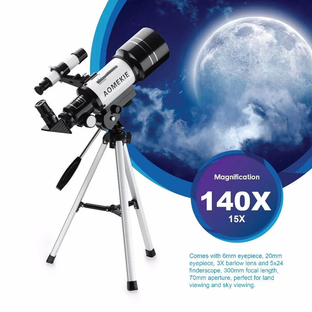 AOMEKIE 30070 Astronomical Telescope with Phone Holder Compact Tripod 15-140X Moon Watching Monocular for Kid Beginner