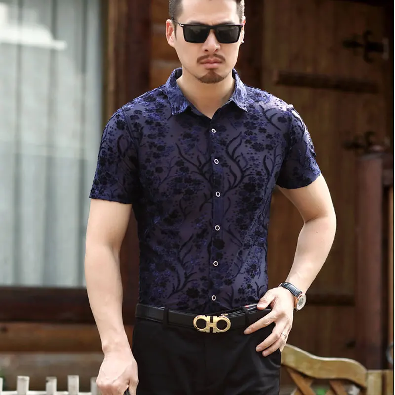 Small Floral Blue Роскошная кружевная Мужская рубашка с узором пейсли и цветочной вышивкой, прозрачная Мужская одежда, сексуальные рубашки для клубной вечеринки и выпускного вечера - Цвет: Small Floral Blue