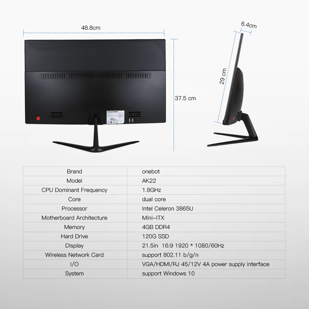 Onebot AK22 21,5 дюйма все в одном настольный компьютер игровой ПК Двухъядерный Intel Celeron 3865U 4 Гб DDR4 ram 120 г SSD 16:9 FHD 178D угол обзора