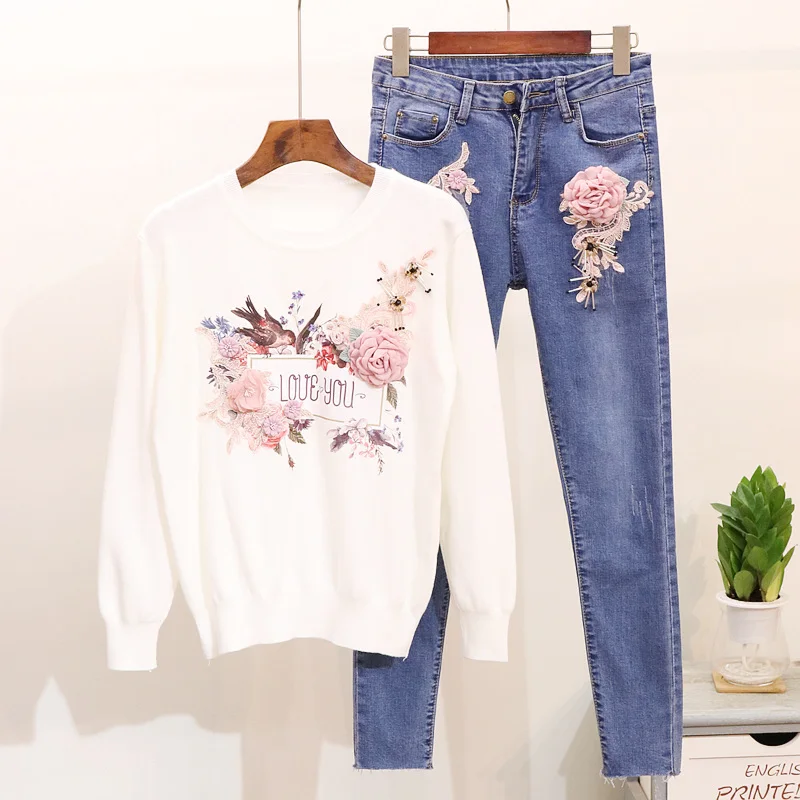 Женские джинсовые костюмы с блёстками 3D пуловеры в цветочек вязаные свитера