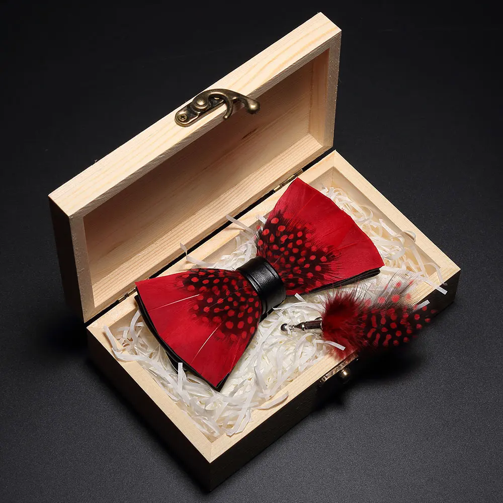 031 KAMBERFT дизайнерская ручная работа перо брошь для галстука-бабочки деревянная коробка набор Высокое качество мужской галстук-бабочка кожаный галстук для свадьбы вечеринки банкета - Цвет: 031