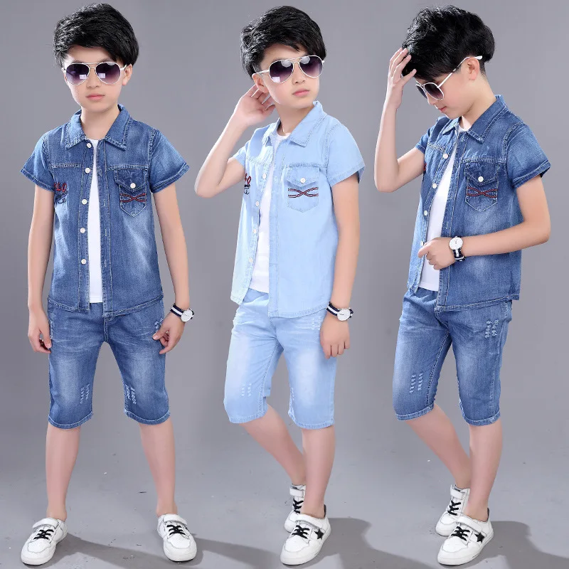 

Children's Casual Wear Sportswear Boy Kids Clothes Boys cotton Anchor print infant clothing set Summer short-sleeved denim suit